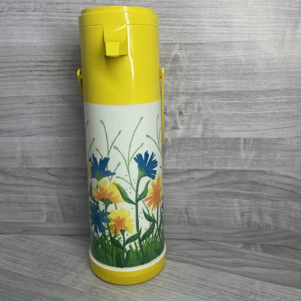 Vtg 70s Aladdin Pump A Drink Dispenser Thermos Shell Yellow Floral CottageCore